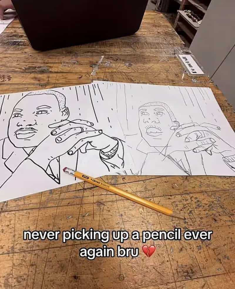 Drawing of two people with the caption 'never picking up a pencil ever again bru' and a broken heart.