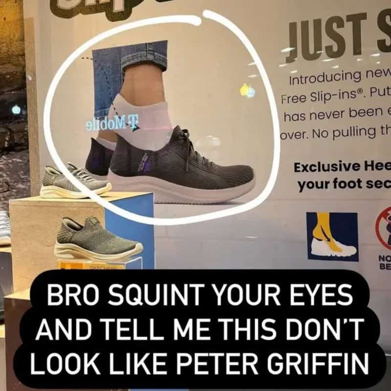 Foot wearing a black sneaker and pink sock, with text overlay about squinting eyes.