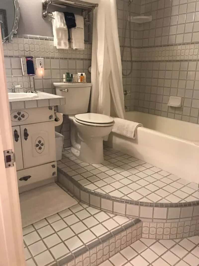 Bathroom with a raised shower area and a toilet, cluttered with toiletries.