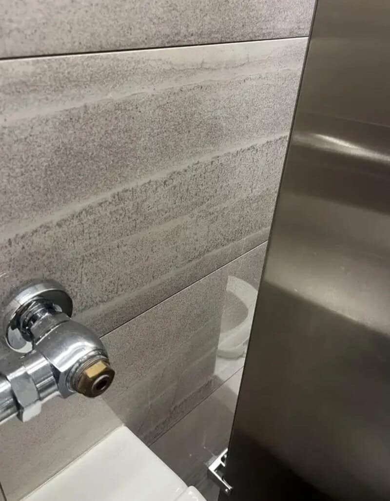 Toilet paper roll is hidden behind a metal partition in a bathroom.
