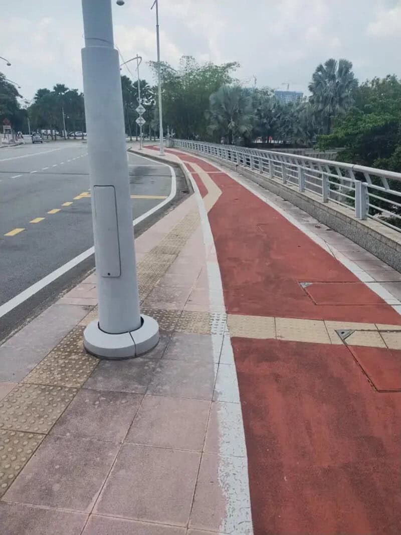 Sidewalk with a red bike lane and a pole blocking part of the path.