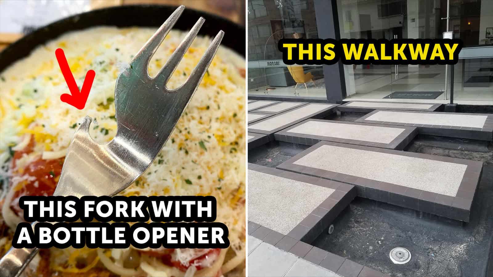 Fork with a bottle opener and a walkway with steps and a sign.