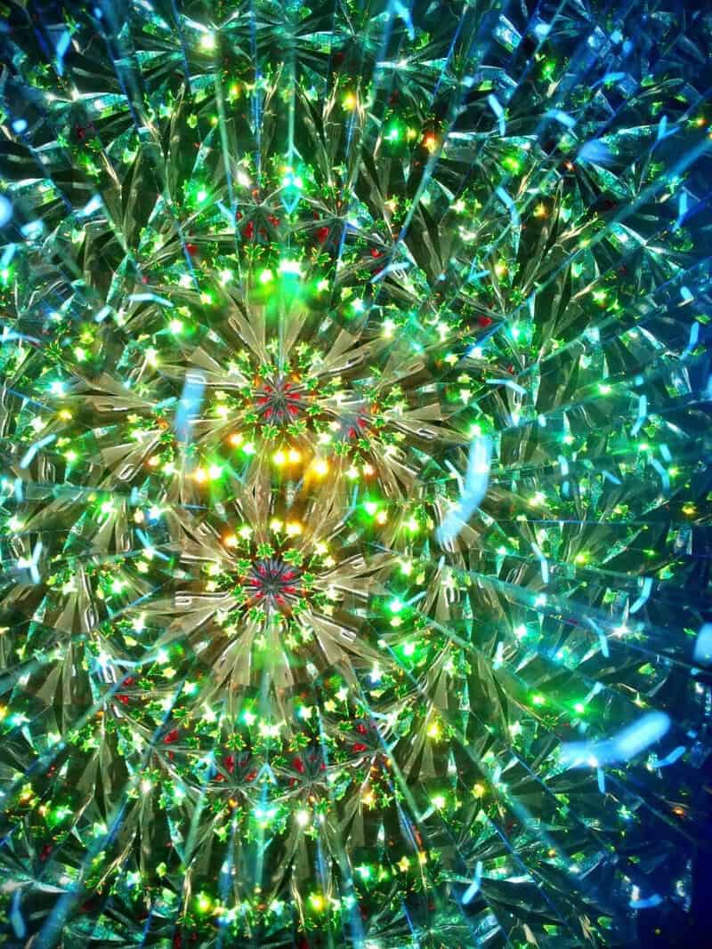 Colorful LED lights and reflective decorations creating a festive display.