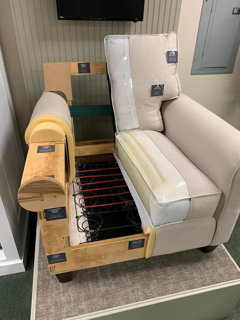 Sofa with removed cushions and exposed internal frame and springs.