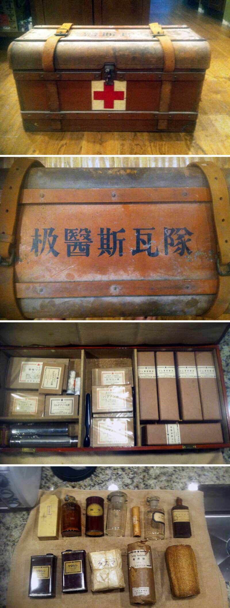 Old medical chest with a red cross and Chinese characters, filled with vintage medical supplies.