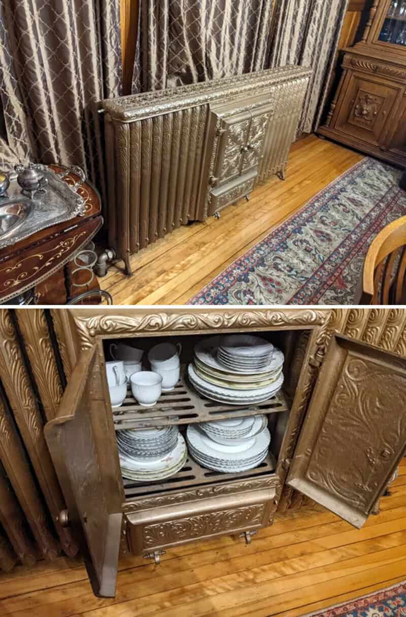 Vintage wooden cabinet with open doors revealing white dishware inside.