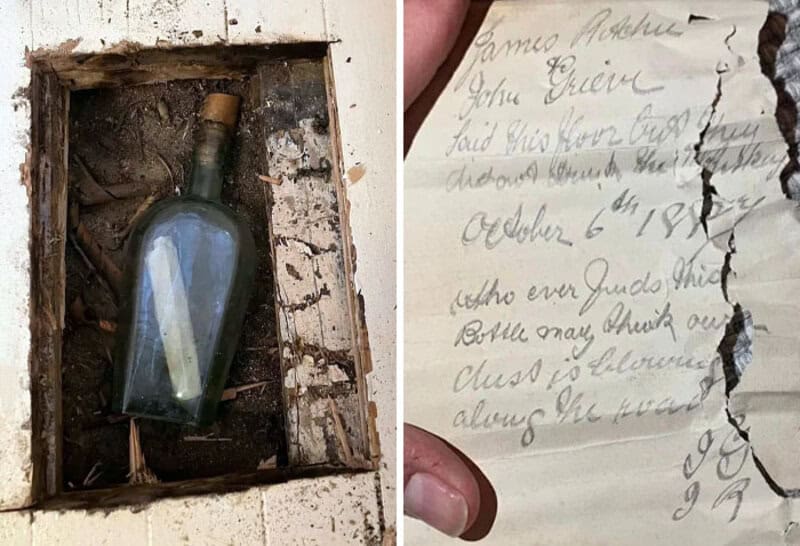 Old bottle in a hidden compartment and a torn handwritten note.
