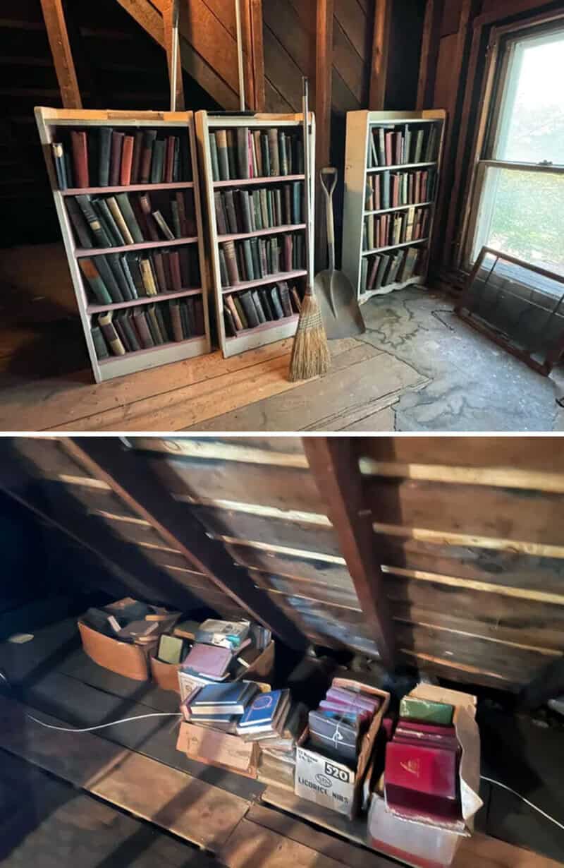 Bookshelves filled with books and a broom in an attic space.