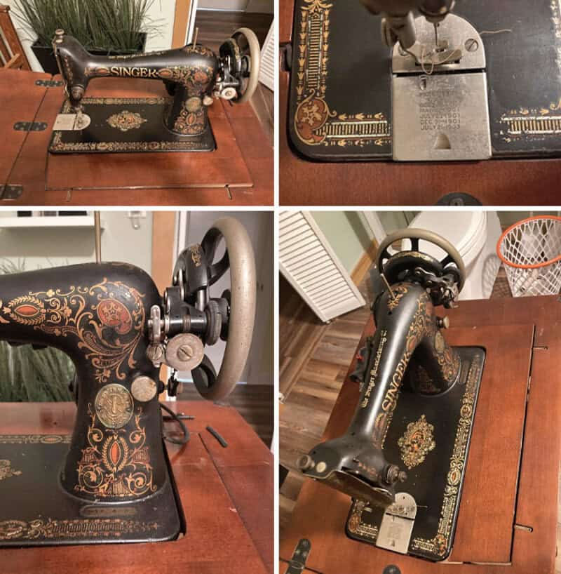 Vintage Singer sewing machine with ornate floral design on a wooden table.