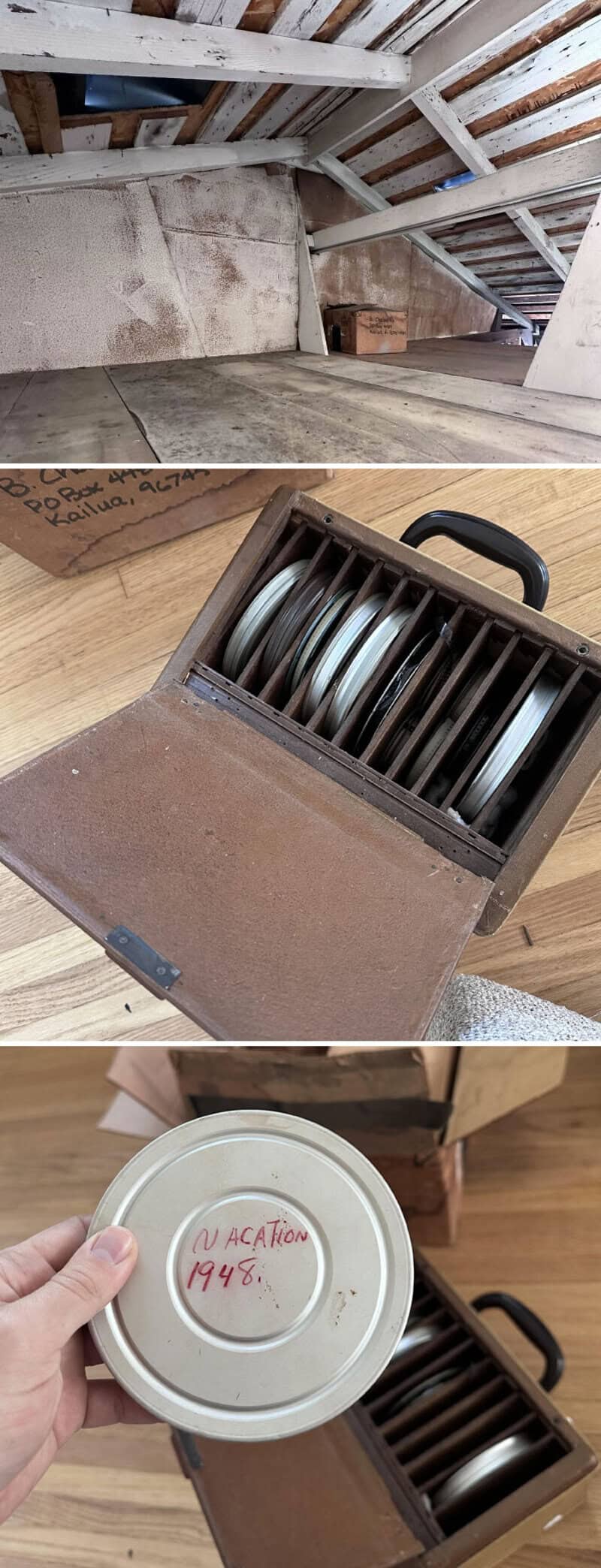 Old attic with wooden beams and a metal box of vintage film canisters.