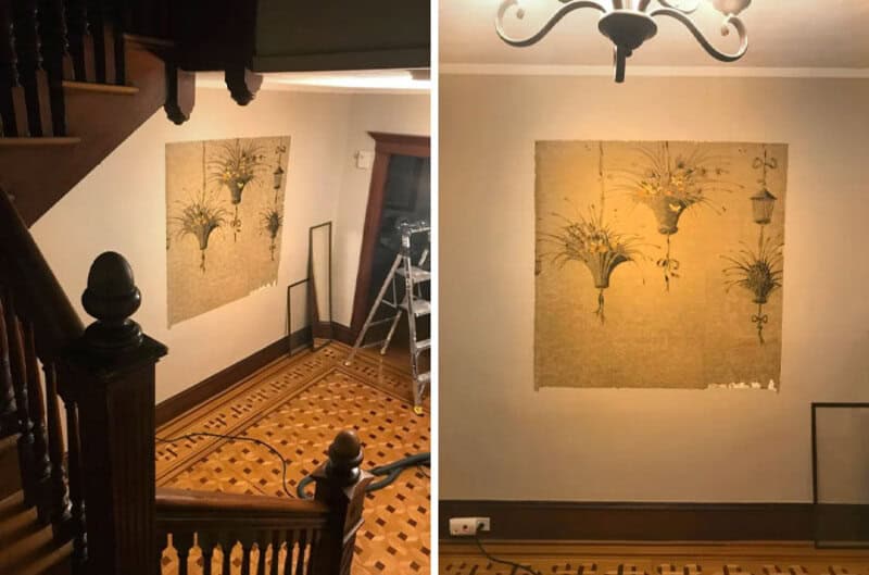 Comparison of a wall before and after restoration of a vintage botanical print.