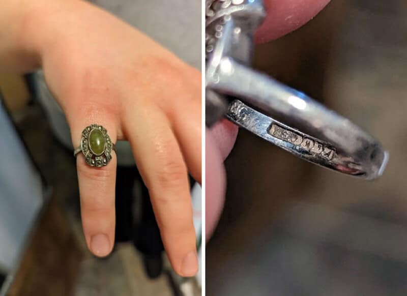 Ring on finger and close-up of a silver ring with markings.