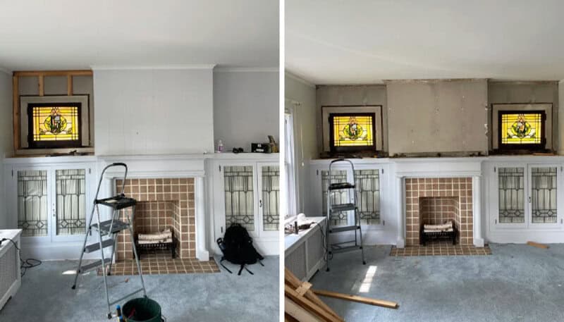 Before and after of a room renovation with stained glass windows and fireplace.