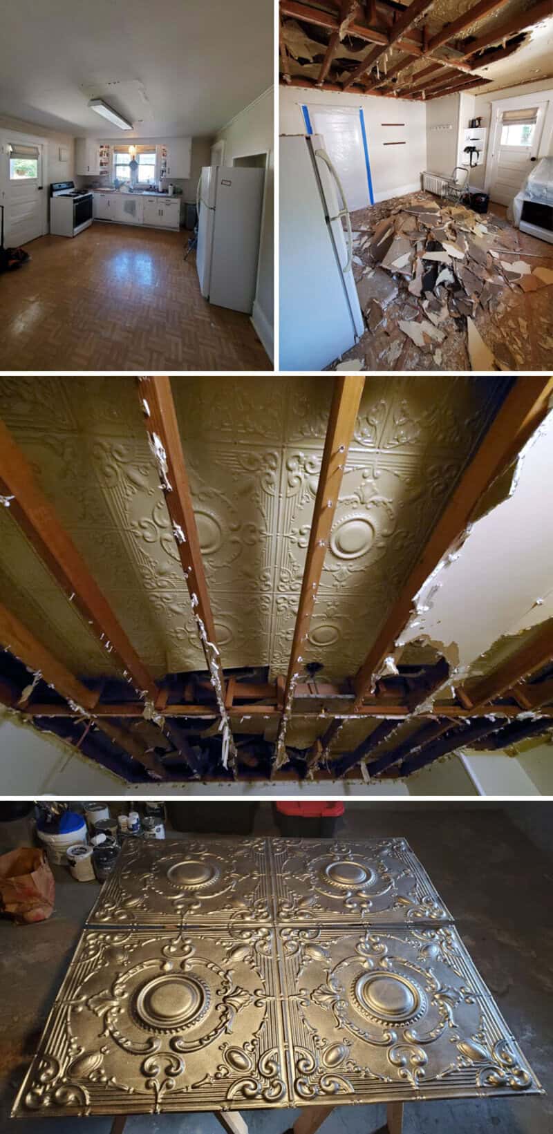 Images of an old house's interior showing a kitchen, damaged wall, ceiling insulation, and ornate st.