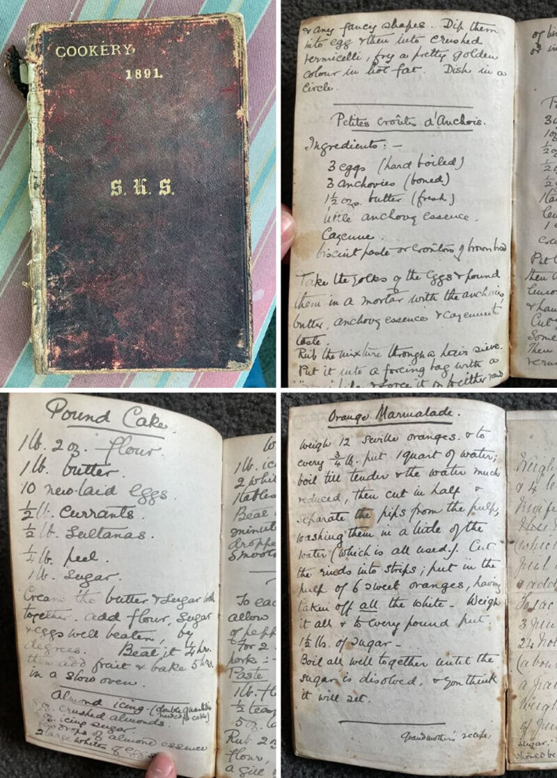 Old recipe book and handwritten recipes on aged paper.