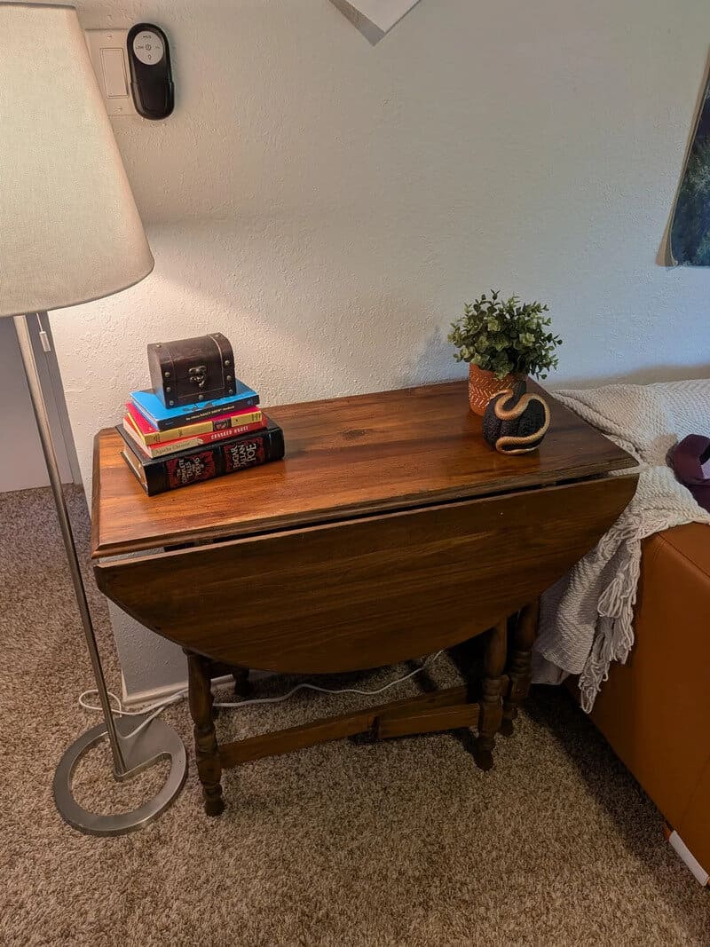 Wooden table with books, a small plant, and a black device on top, next to a lamp and a bed.