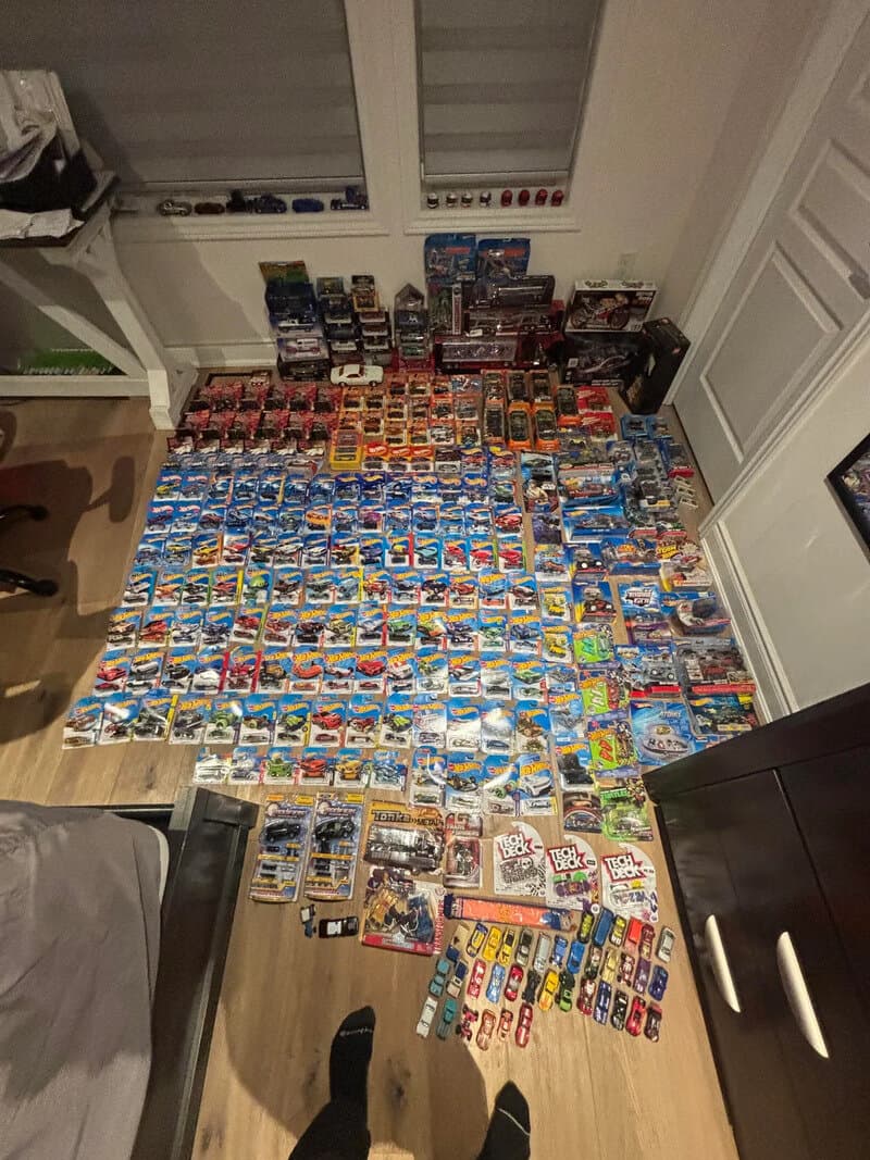 Large collection of Hot Wheels cars arranged on the floor in front of a window.