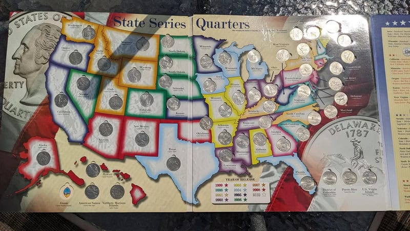 Color-coded map of US state quarters with coins and labels.