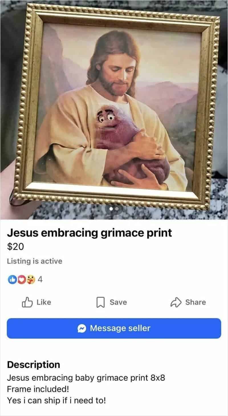 Jesus embracing baby grimace print framed, 8x8, listing active.