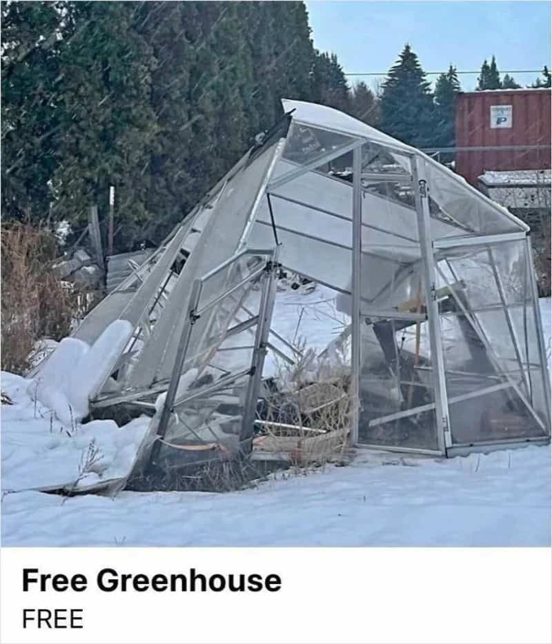 Broken greenhouse in snow, partially collapsed with glass panels shattered.