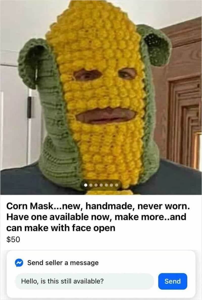 Person wearing a handmade corn mask with eye and mouth holes.