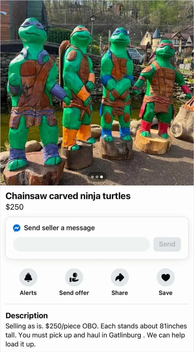 Four chainsaw-carved ninja turtle statues outdoors, each with different poses.