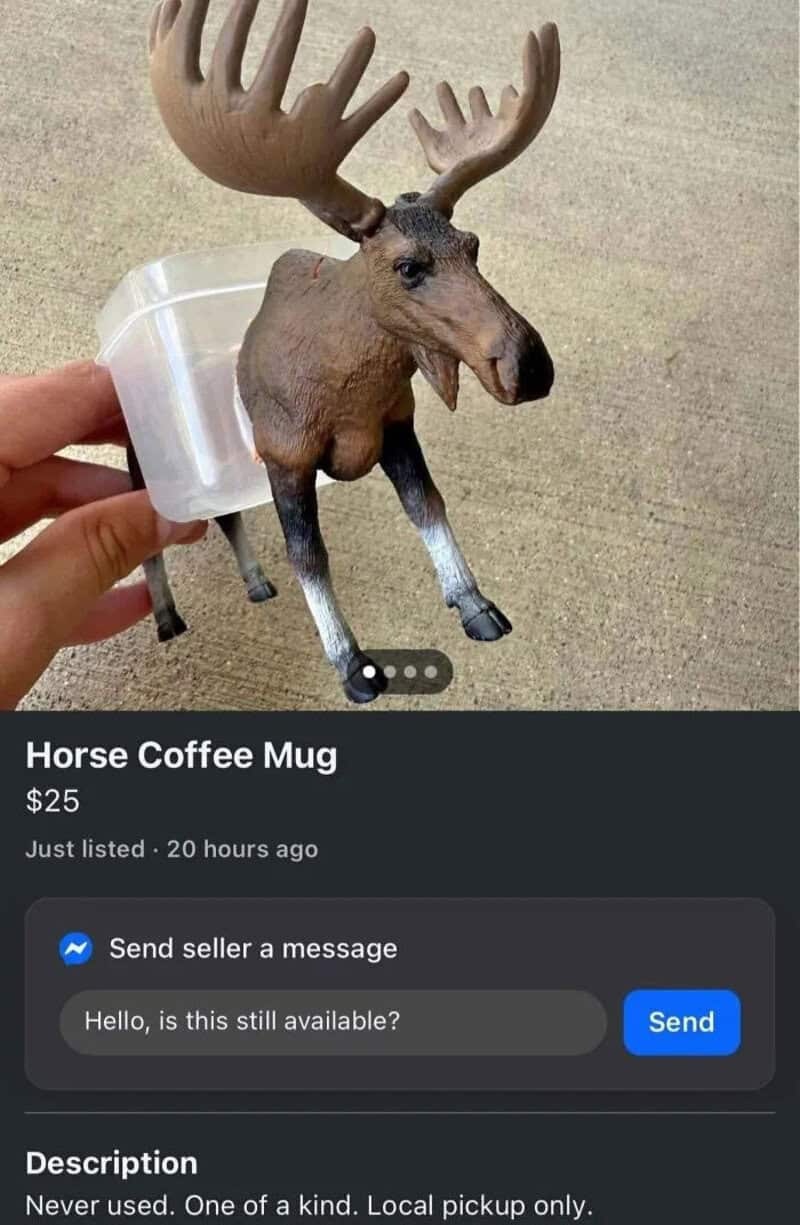 Horse coffee mug for sale, $25, with a moose head design, listed 20 hours ago.