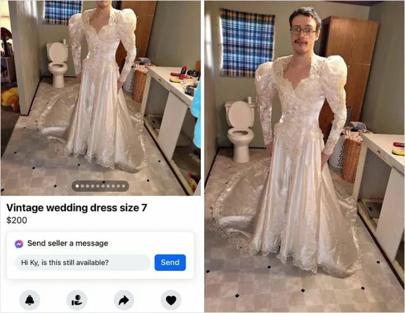 Vintage wedding dress size 7, worn by a man in a bathroom.