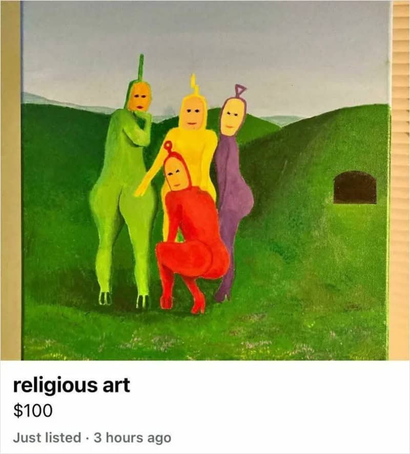 Colorful painting of five humanoid figures with antennae in a green landscape.