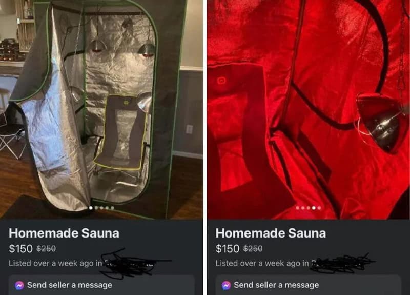 Two homemade saunas, one green and silver, the other red, shown in a side-by-side photo.