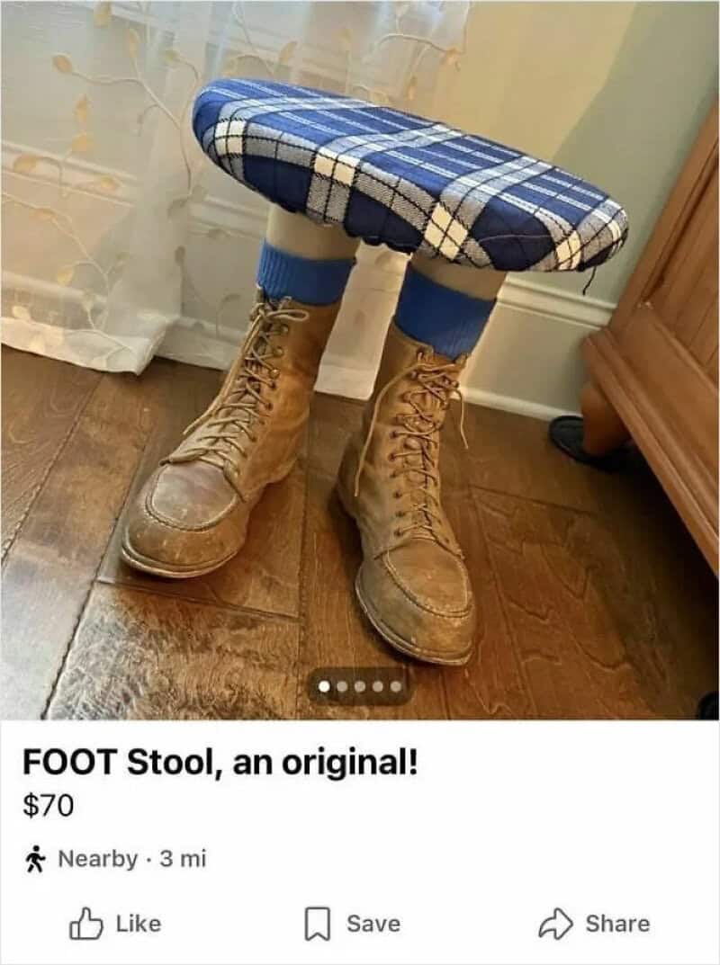 Foot stool with boots and a plaid cushion on top, for sale for $70.