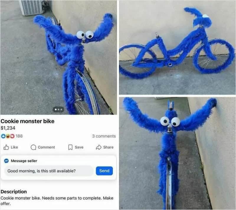 Cookie monster bike with blue fuzzy material and googly eyes, shown from different angles.