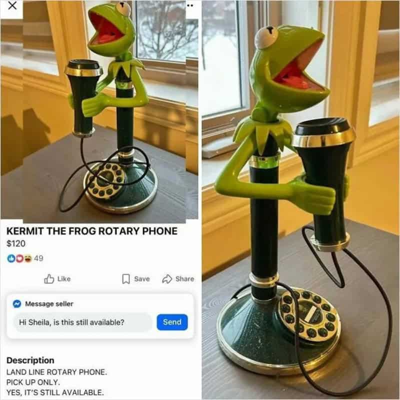 Kermit the Frog rotary phone with a vintage design and a green Kermit figure holding a coffee cup.