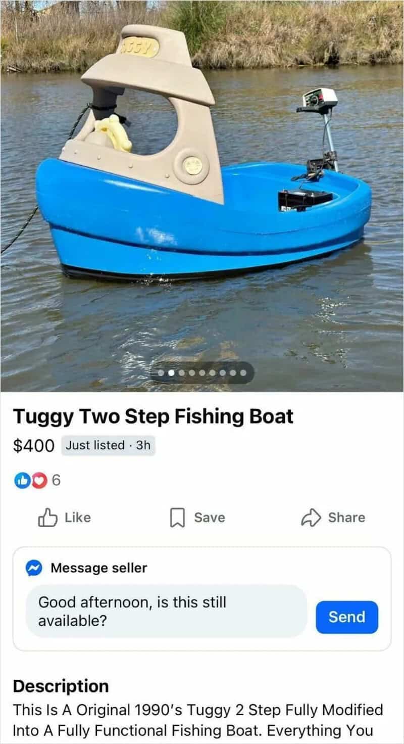 Tuggy Two Step Fishing Boat on water with canopy and motor.