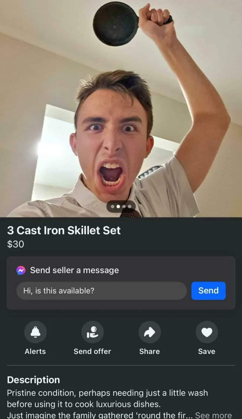 Young man holding a cast iron skillet above his head, shouting.
