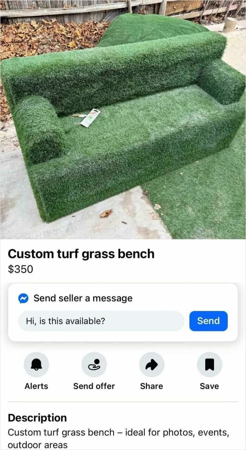 Custom turf grass bench for sale, $350, with a backrest and armrests.