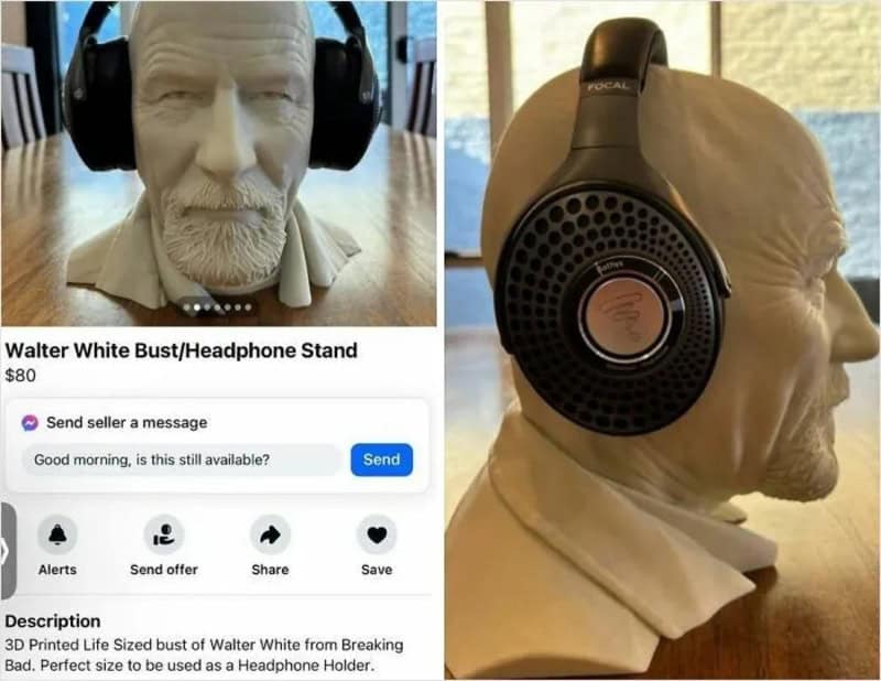 3D printed bust of Walter White with headphones, used as a headphone stand.