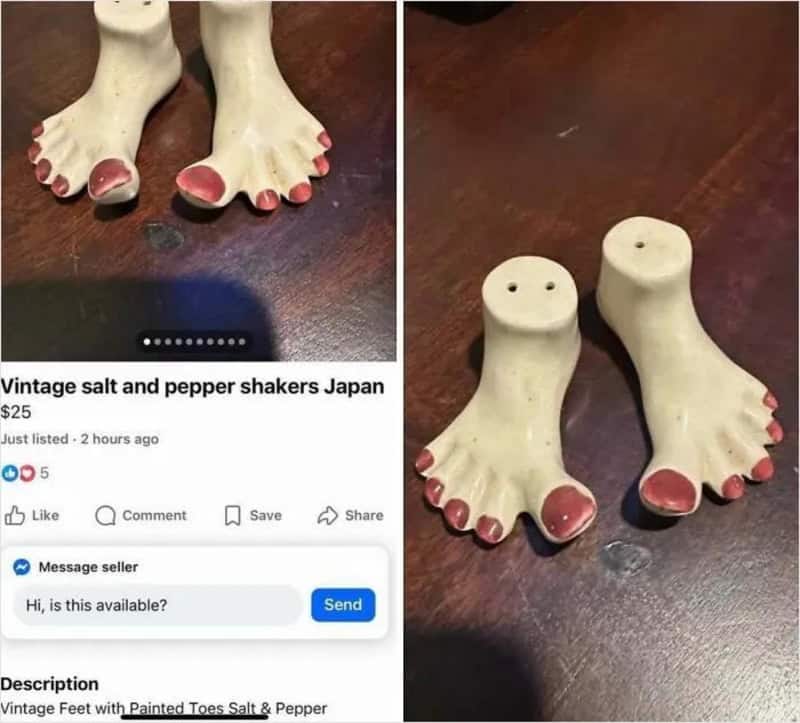 Vintage salt and pepper shakers Japan shaped like feet with painted toes, on a wooden surface.