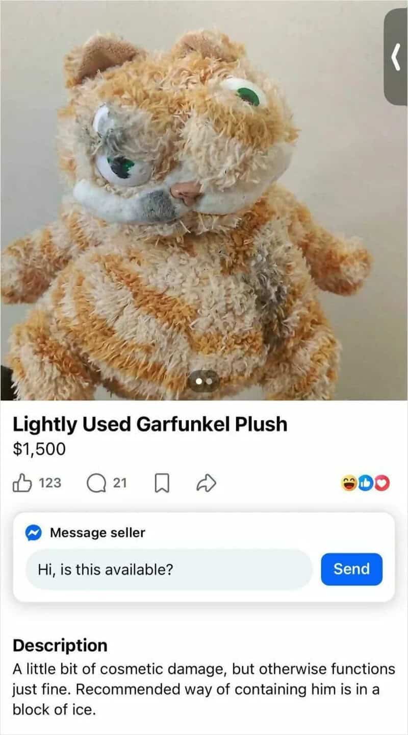 Lightly used Garfunkel plush with a gray collar and green eyes.
