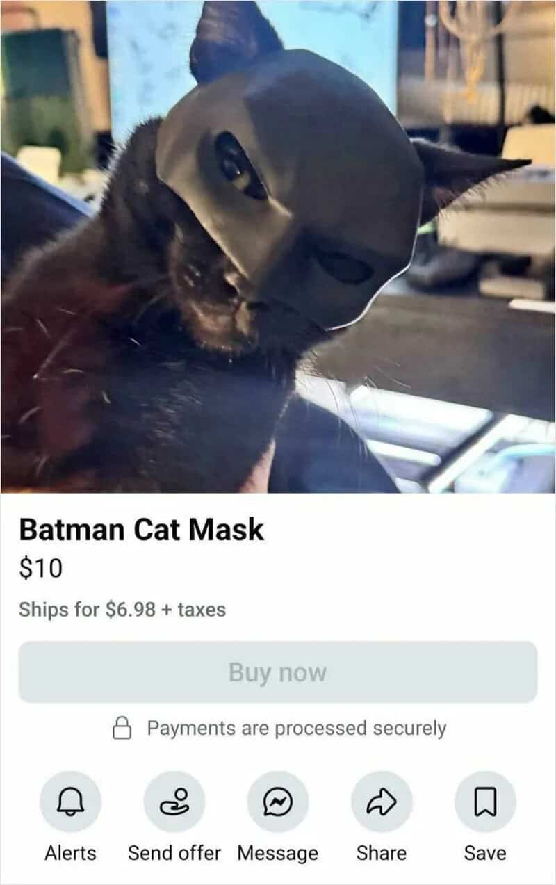 Black cat wearing a Batman mask in a Facebook Marketplace listing.