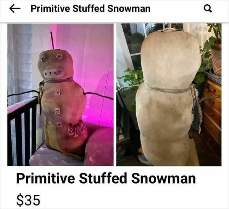 Primitive stuffed snowman with a pig face, black eyes, and a pink nose, priced at $35.