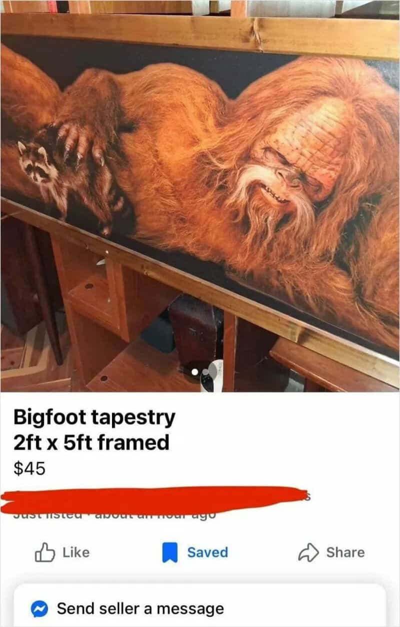 Bigfoot tapestry 2ft x 5ft framed, featuring a large, hairy creature lying down.