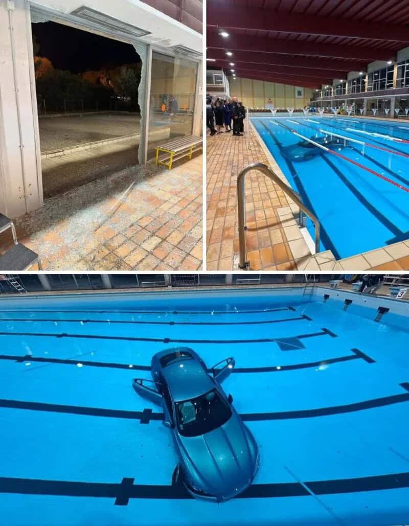 Car inside an empty swimming pool, viewed from above.