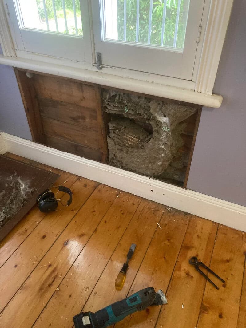 Damaged wall beneath window with exposed wood and concrete, tools on wooden floor.