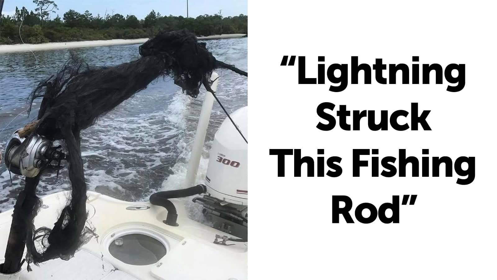 A fishing rod with a black, tangled, and melted-looking object on it, on a boat.
