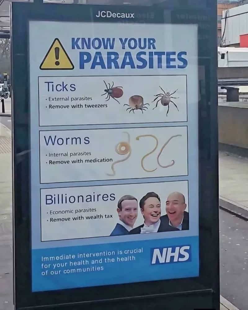 Know Your Parasites poster warning about ticks, worms, and billionaires with NHS logo.