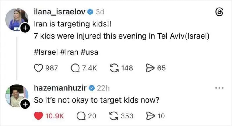 Ilana Israelov post: Iran is targeting kids!! 7 kids were injured this evening in Tel Aviv (Israel).