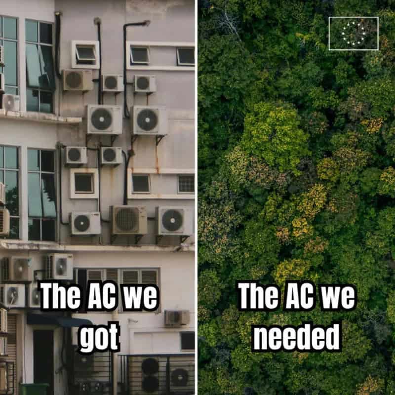 Left shows a building facade with multiple air conditioning units; right shows a a/.