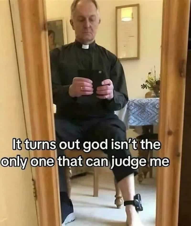 Man in priest collar sitting in a room looking at a phone with text overlay about judgment.