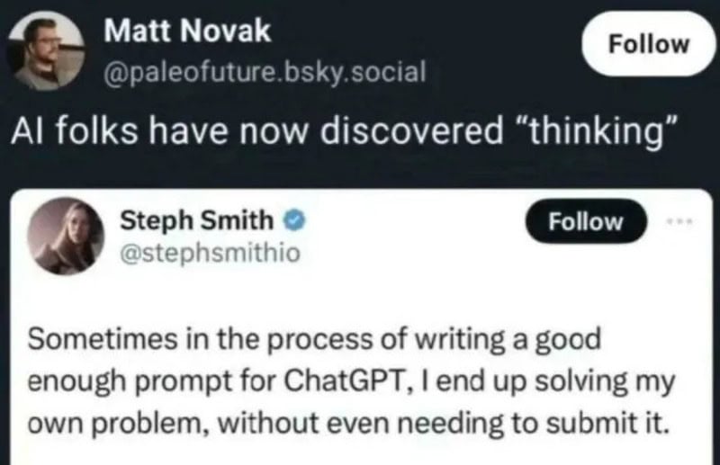 AI folks have now discovered thinking; image shows Steph Smith tweet about writing a good enough AI-.